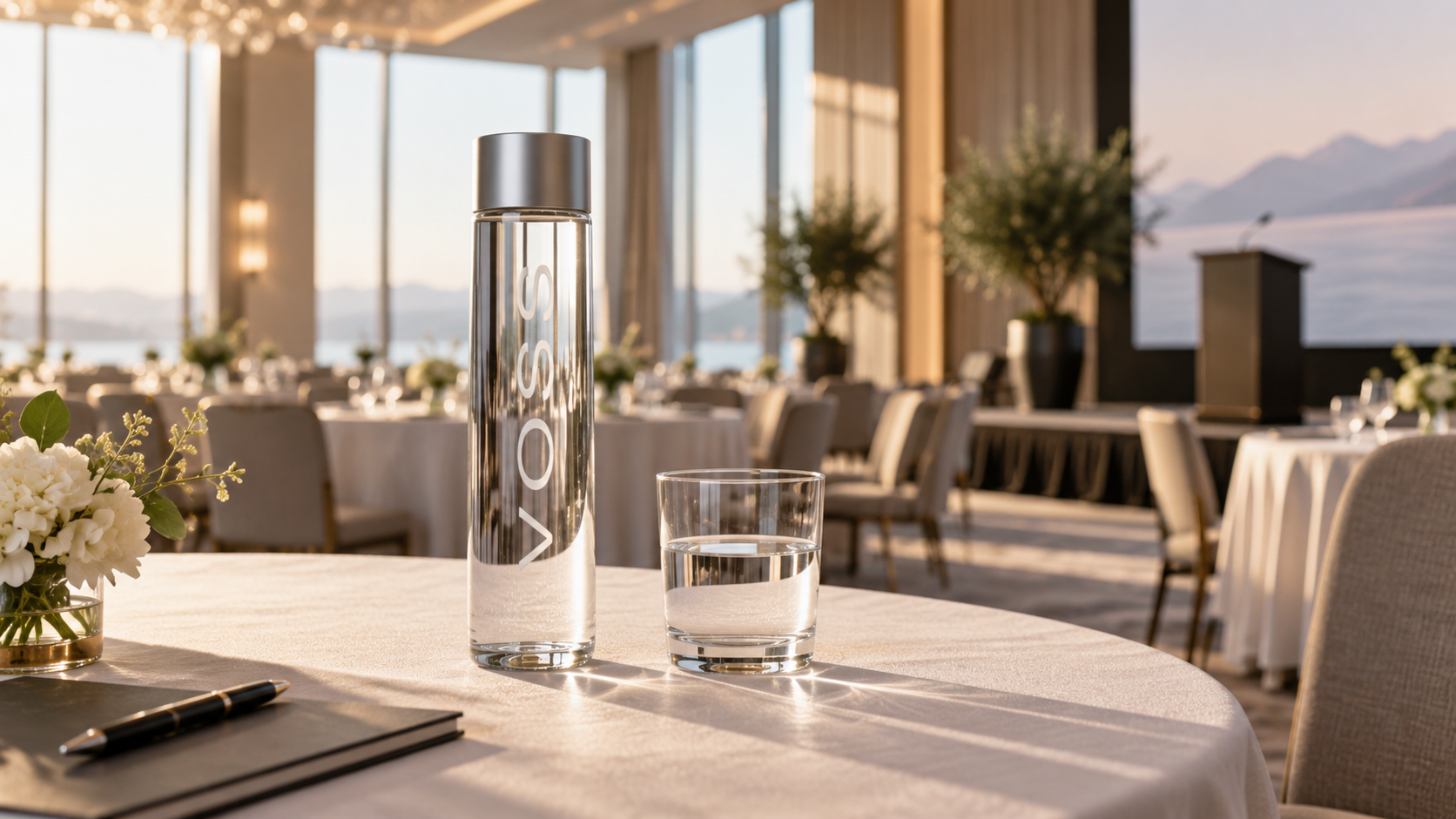 Bottled water arranged for a catered event